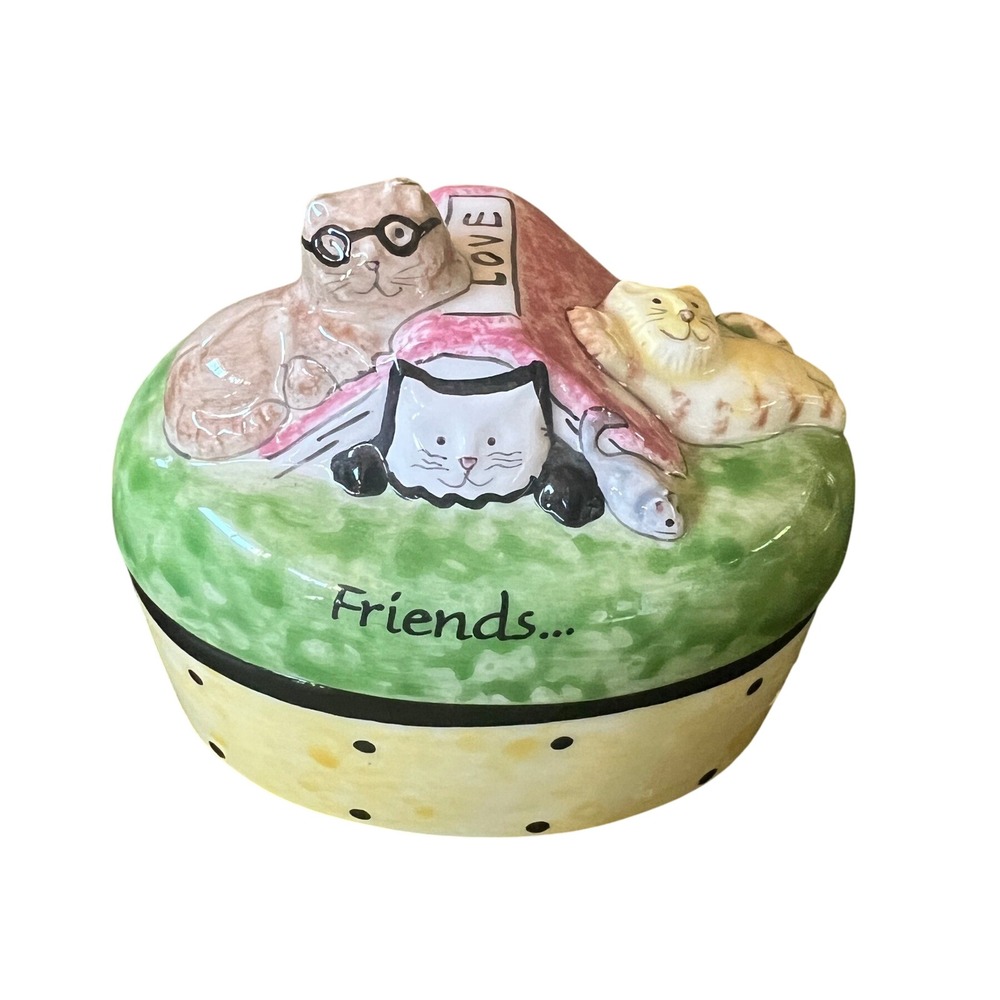 Vintage Whimsy Ceramic Cat Lover Eclectic Friend Gift Polka Dot Trinket Box